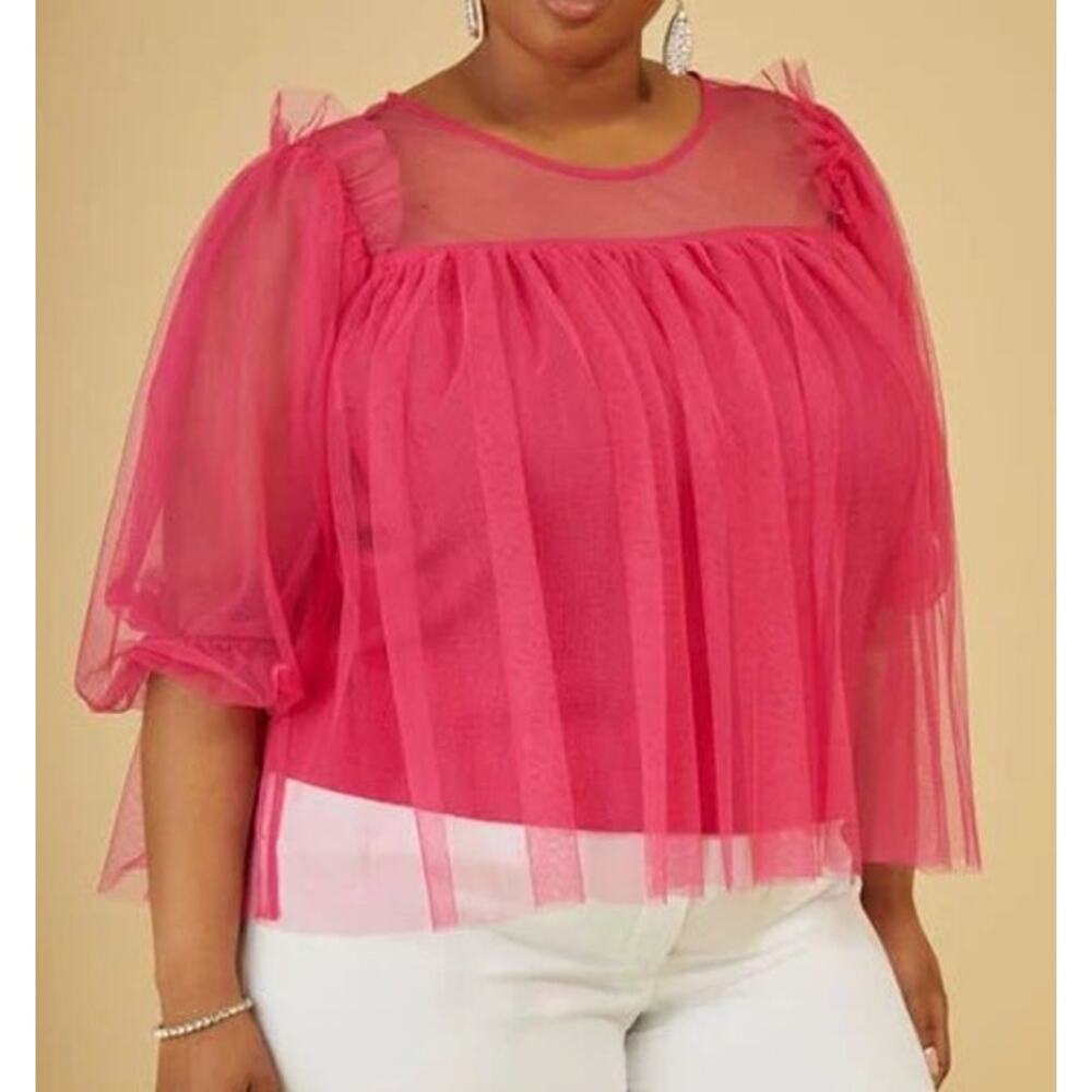 PLUS Size 3X (22/24W) | Textured Pink Knit Top Tulle Overlay Elasticized Sleeves
